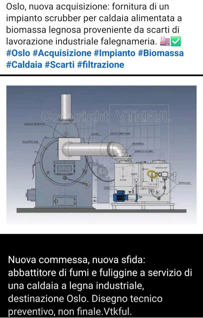 4. Distinzione Tecnica tra Abbattitori per Ristorazione e Depuratori IndustrialiSebbene la tecnologia di base (lavaggio a umido/a ricircolo d'acqua) possa essere la stessa, le applicazioni presentano differenze sostanziali:CaratteristicaAbbattitori Ristorazione (Fuliggine)Depuratori Industriali (Biomassa)Volume Fumi TrattatoBasso-Medio (centinaia di $\text{m}^3/\text{h}$)Alto-Molto Alto (migliaia di $\text{m}^3/\text{h}$)Focus InquinantiParticolato carbonioso, grassi, odori ($\text{VOC}$)$\text{PM}$, $\text{NO}_x$, $\text{SO}_2$, $\text{CO}$Complessità ChimicaBassa (principalmente fisica e termica)Alta (necessità di gestione chimica del lavaggio e del refluo)Requisiti di AffidabilitàFunzionamento giornaliero, pulizia facileFunzionamento H24/7, monitoraggio continuo ($\text{CEMS}$)MaterialiAcciaio Inox (resistenza a fuliggine, acqua, detergenti)Acciai speciali/Materiali compositi (resistenza a acidi/basici e corrosione)L'espansione nel settore biomassa dimostra che VTKFUL ha scalato con successo la propria tecnologia, gestendo volumi maggiori, composizioni chimiche più complesse dei fumi e standard di affidabilità operativi più elevati.5. Strategia di InternazionalizzazioneI progetti a Malta e Oslo non sono eventi isolati, ma indicatori di una chiara strategia di crescita:Sfruttare la Nicchia Tecnica: Concentrarsi sulla competenza distintiva (trattamento del particolato e degli incombusti) in settori ad alta regolamentazione (biomassa e ristorazione professionale).Referenze Critiche: Ogni progetto internazionale funge da solida referenza per il successivo. Il successo di Malta convalida la tecnologia e la logistica, rendendo credibile la proposta per il mercato norvegese.Adattamento Normativo: La capacità di progettare impianti che soddisfino le normative specifiche di diversi Paesi europei (dalle regioni mediterranee al Nord Europa) è un forte vantaggio competitivo che apre le porte a tutto il mercato $\text{UE}$.Sostenibilità come Vantaggio: Posizionarsi come fornitore di soluzioni che rendono la combustione della biomassa pienamente sostenibile e accettabile in contesti urbani, allineandosi con gli obiettivi europei di transizione energetica.Conclusione: La traiettoria di VTKFUL evidenzia una maturità aziendale che va oltre la fornitura di soluzioni per la ristorazione, proiettandosi nel mercato globale delle tecnologie ambientali per l'energia, con progetti strategici che cementano la sua credibilità in un settore ad alta intensità tecnologica e normativa.